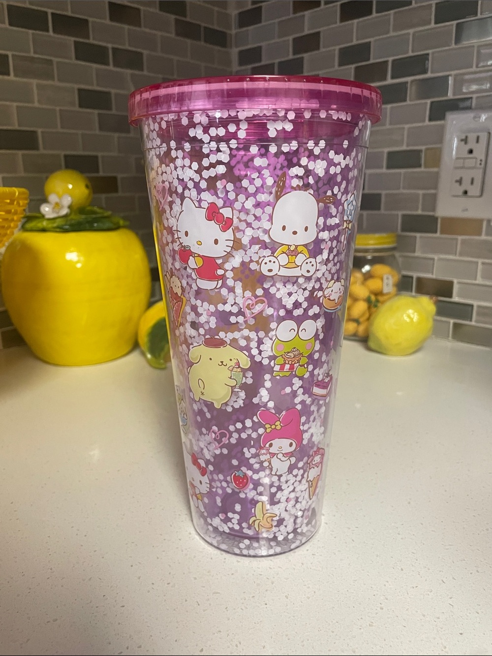 Sanrio Pink Lid Purple Glitter Tumbler with Characters
